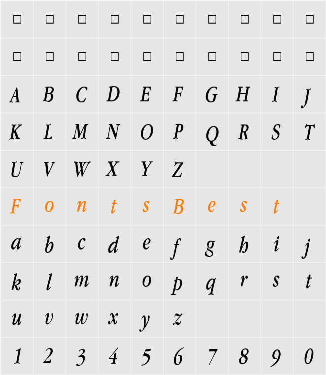 Garamand Condensed Character Map
