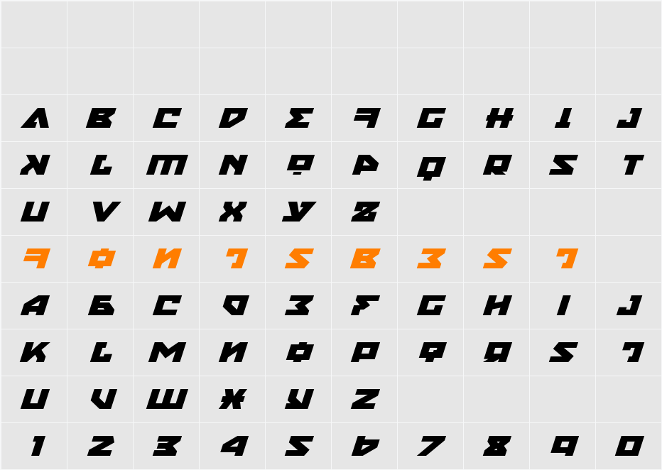 Nyet Expanded Italic Character Map
