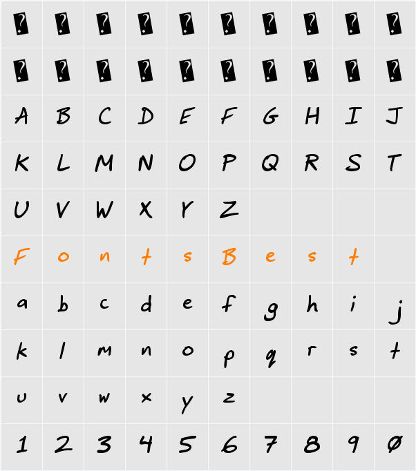 JimbosPrint-Bold-Italic Character Map