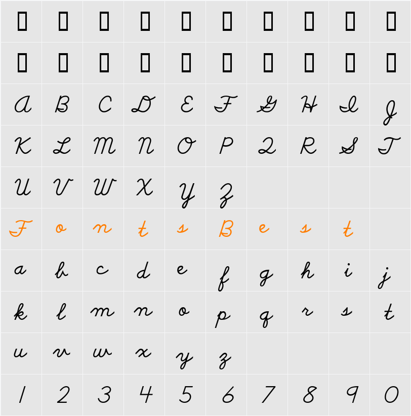 DnealianCursive Character Map