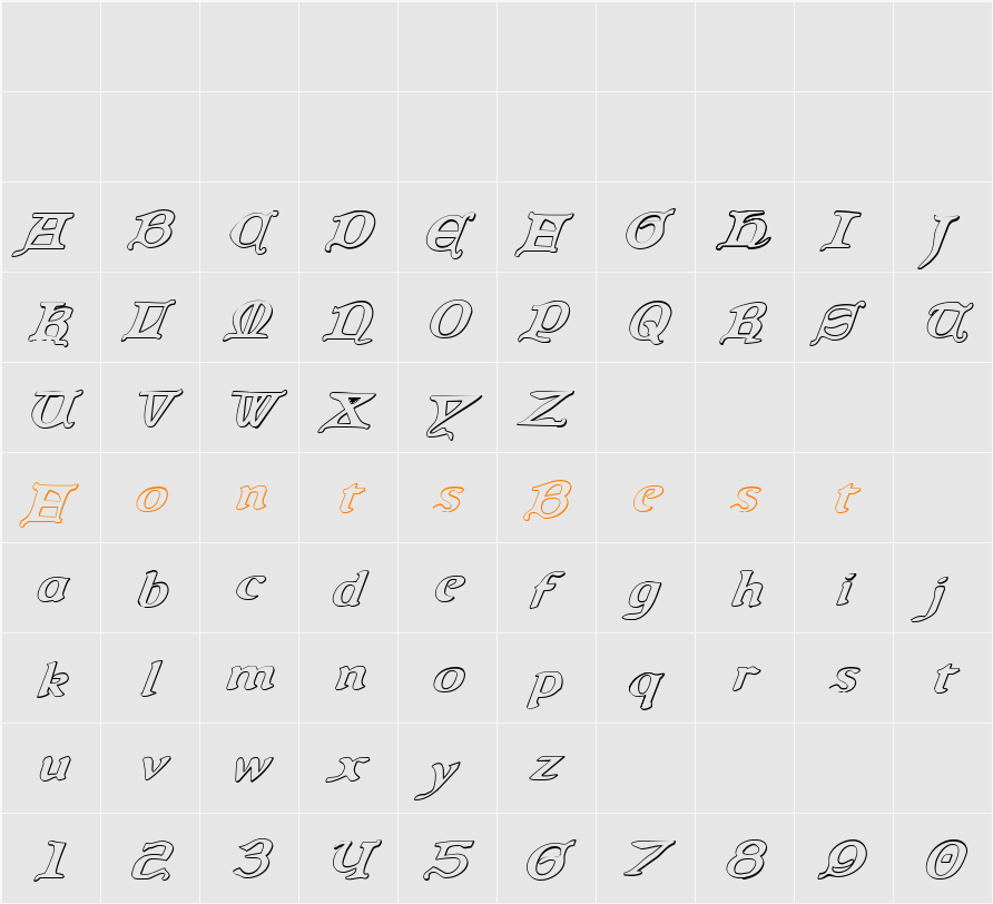 Queen & Country 3D Italic Character Map
