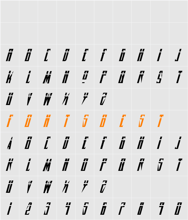 Timberwolf Laser Italic Character Map