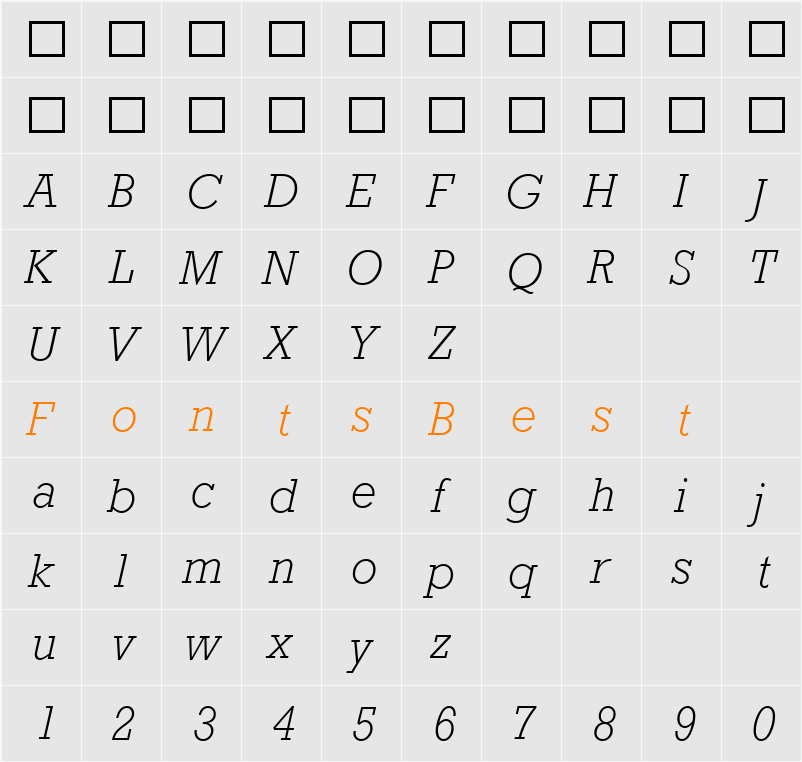 Rockwell MT Light Character Map
