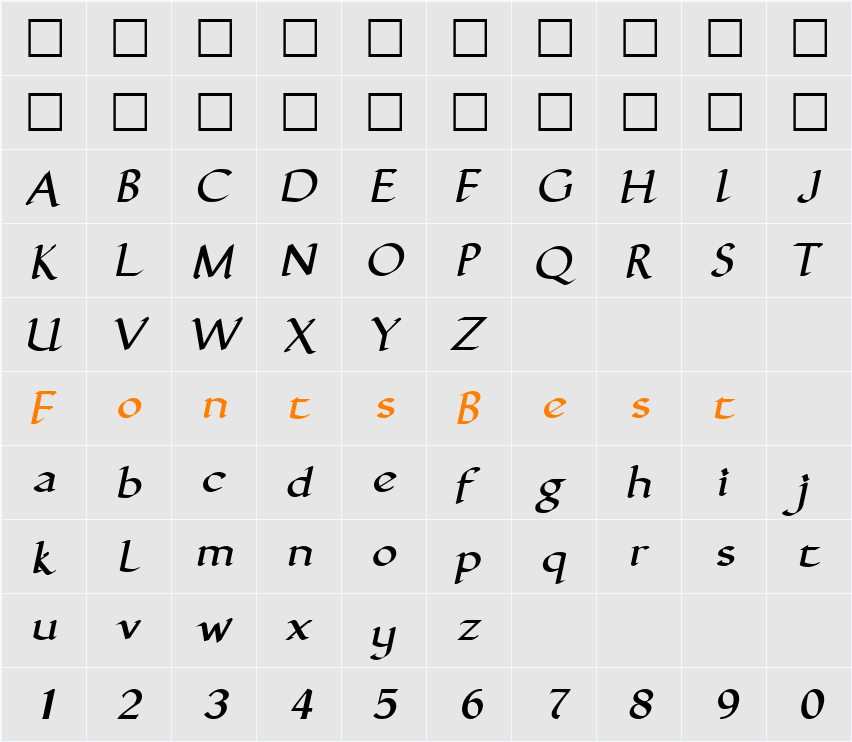 GuntherCalligraphic Character Map