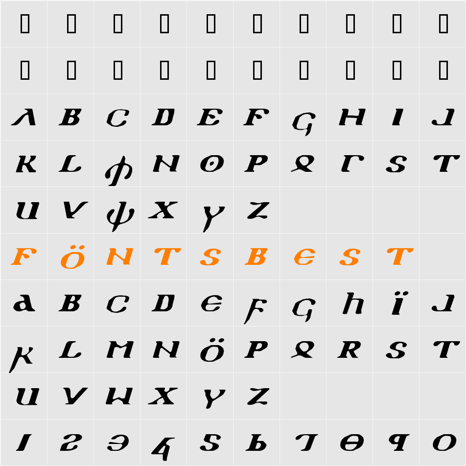 Holy Empire Expanded Italic Character Map