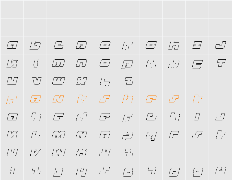Boomstick Outline Italic Character Map