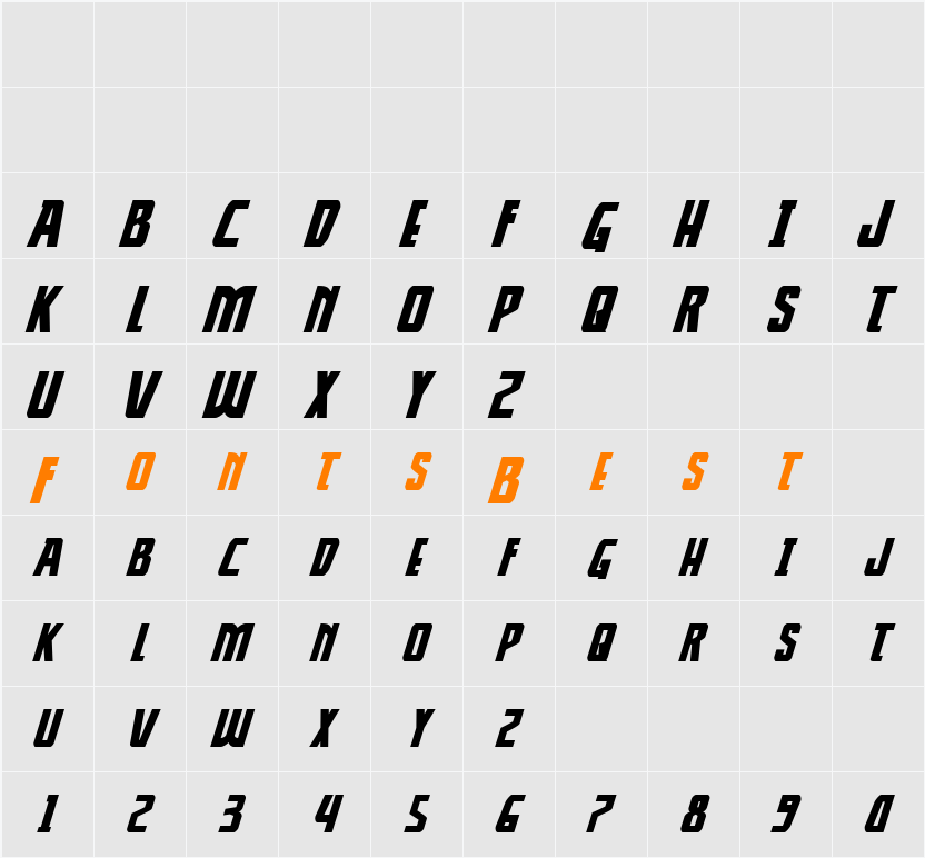 Thunder-Hawk Drop Expanded Italic Character Map