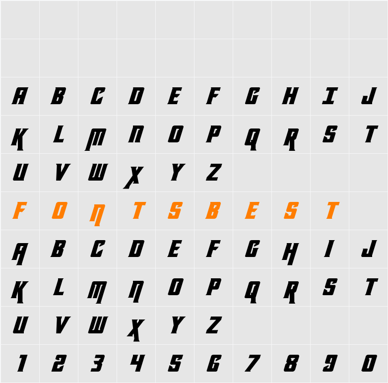 Kondor Expanded Italic Character Map