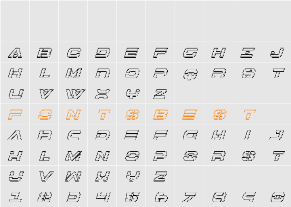 7th Service Engraved Italic Character Map