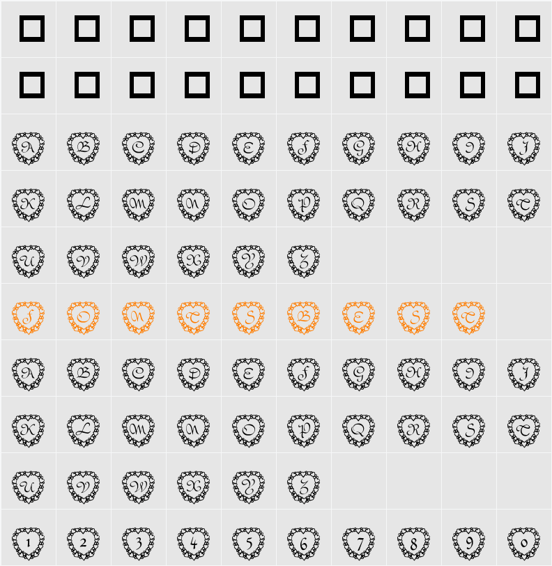 101! Heart Framed Character Map