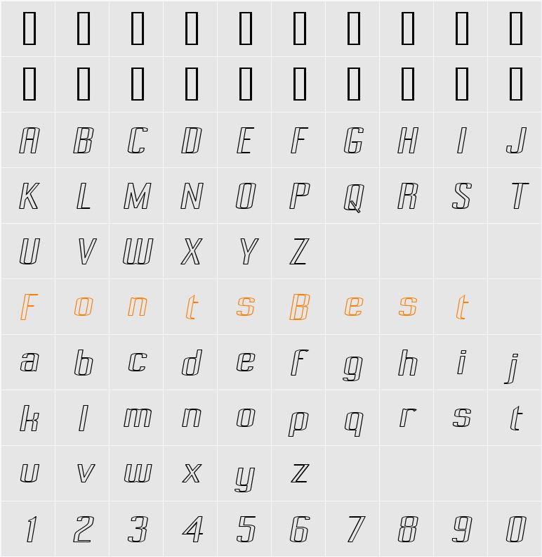 Pecot Outline Oblique Character Map