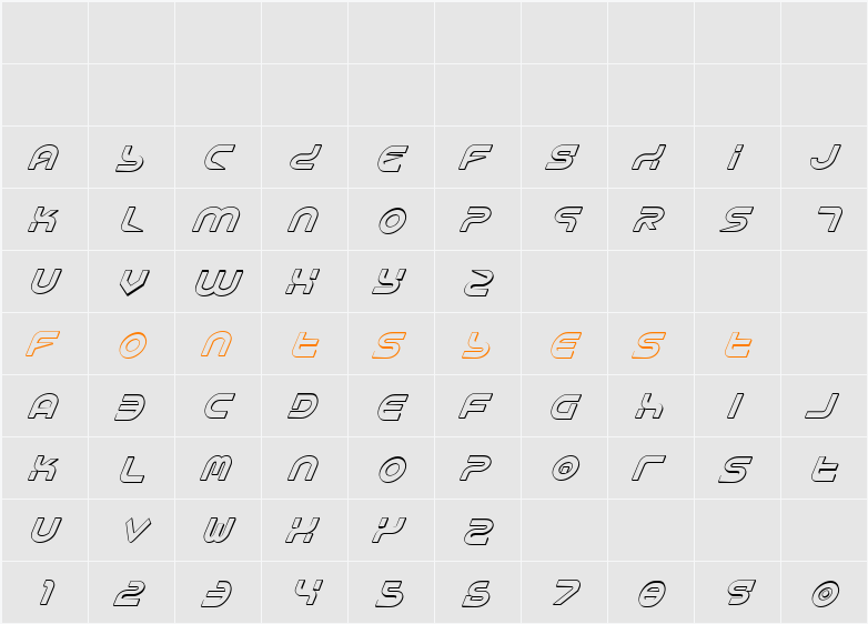 Yukon Tech Shadow Italic Character Map