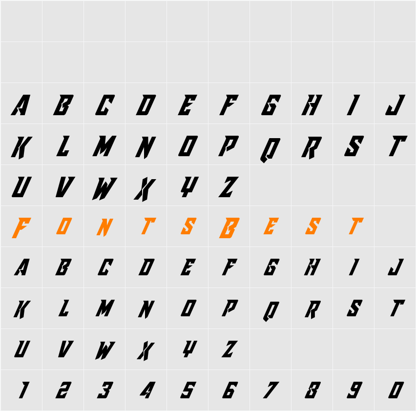 Raider Crusader Italic Character Map