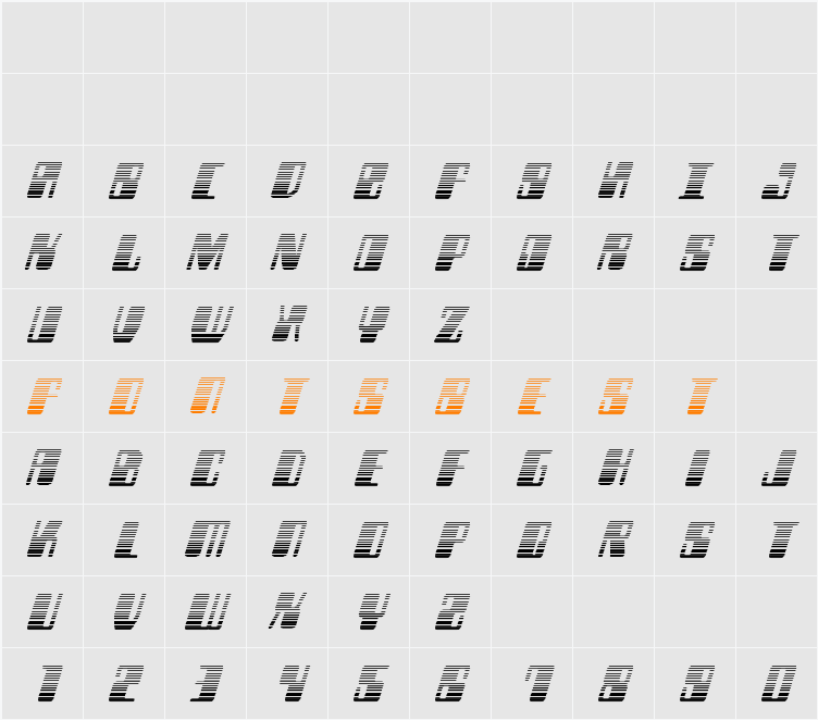 Zyborgs Gradient Italic Character Map