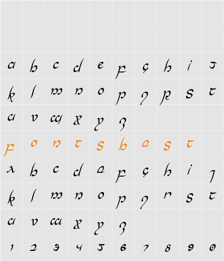Half-Elven Condensed Italic Character Map