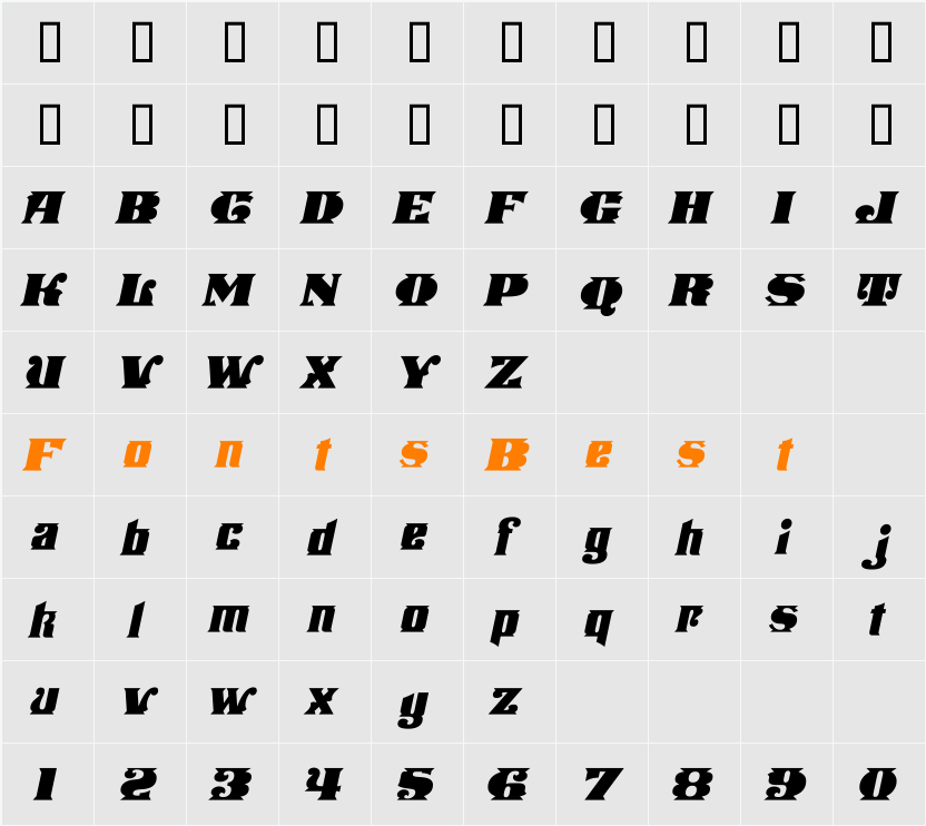Stampede Open Italic Fill Character Map