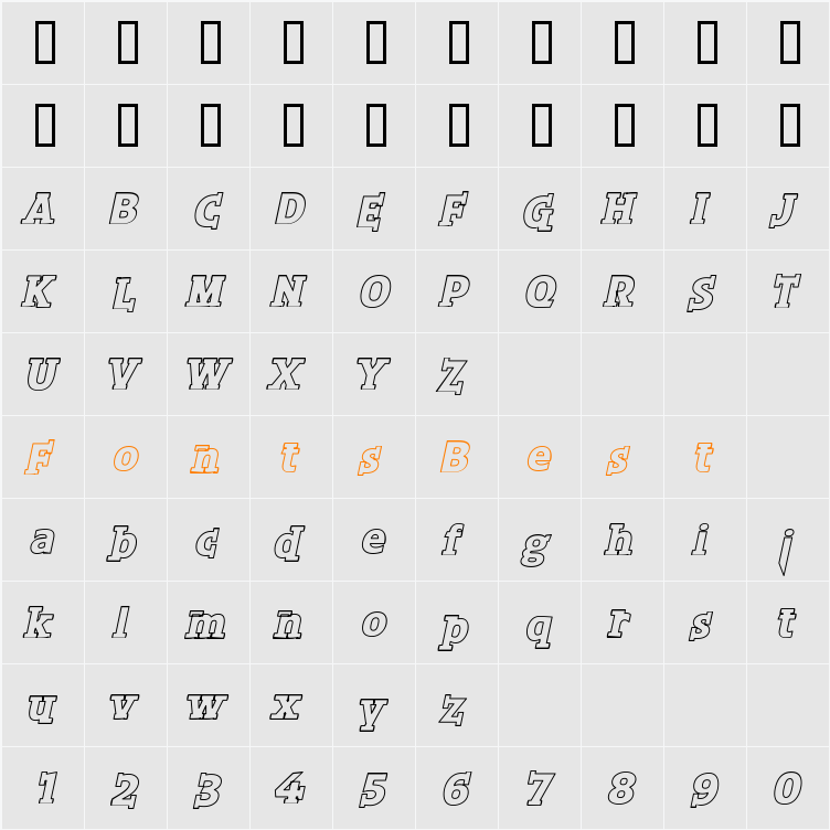 ShirtLettersItalicsHollow Character Map