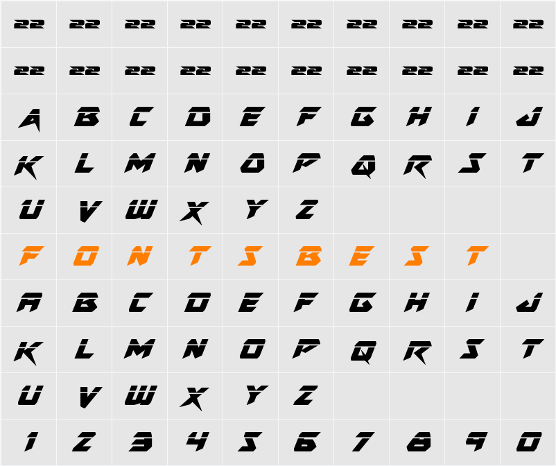 Skirmisher Laser Italic Character Map