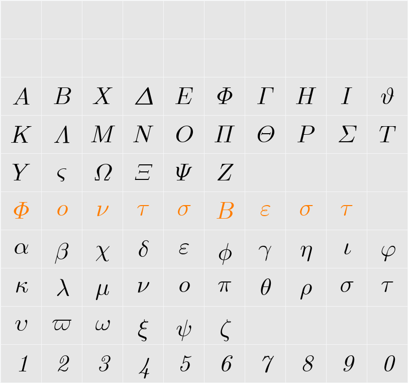 Euclid Symbol Character Map