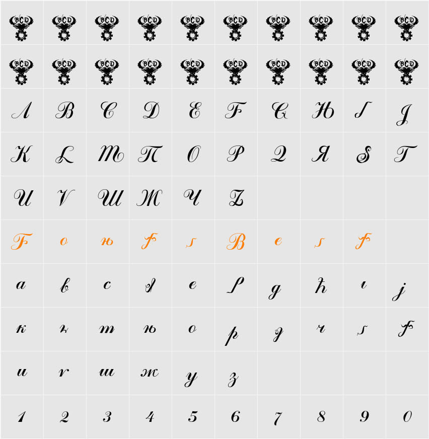 Kremlin Tsaritsa Script Italic Character Map