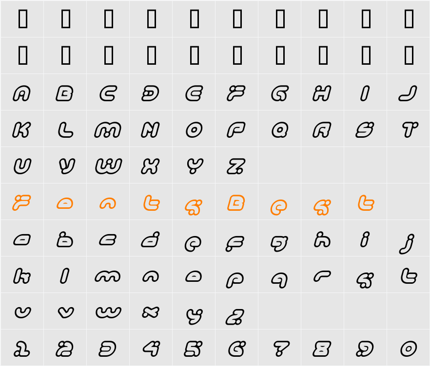 DeliciousOutline Oblique Character Map