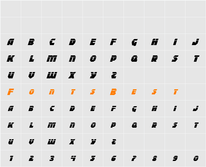 Blitzstrike Laser Italic Character Map