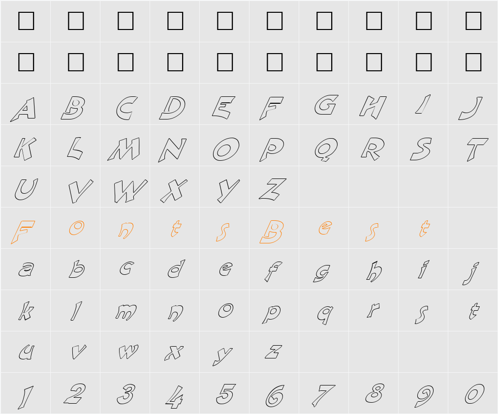 FZ JAZZY 11 HOLLOW ITALIC Character Map