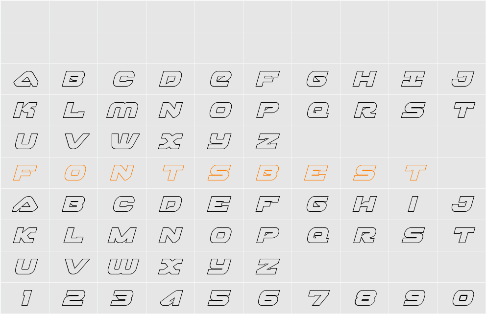 Skyhawk Outline Italic Character Map
