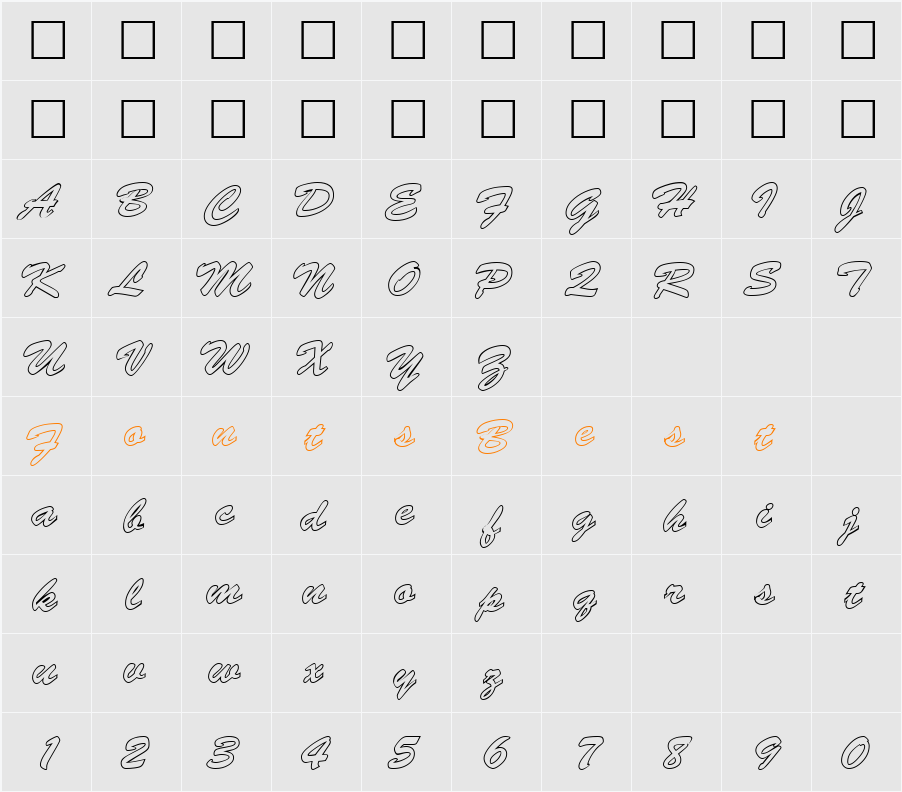 BrushedScript Hollow Character Map