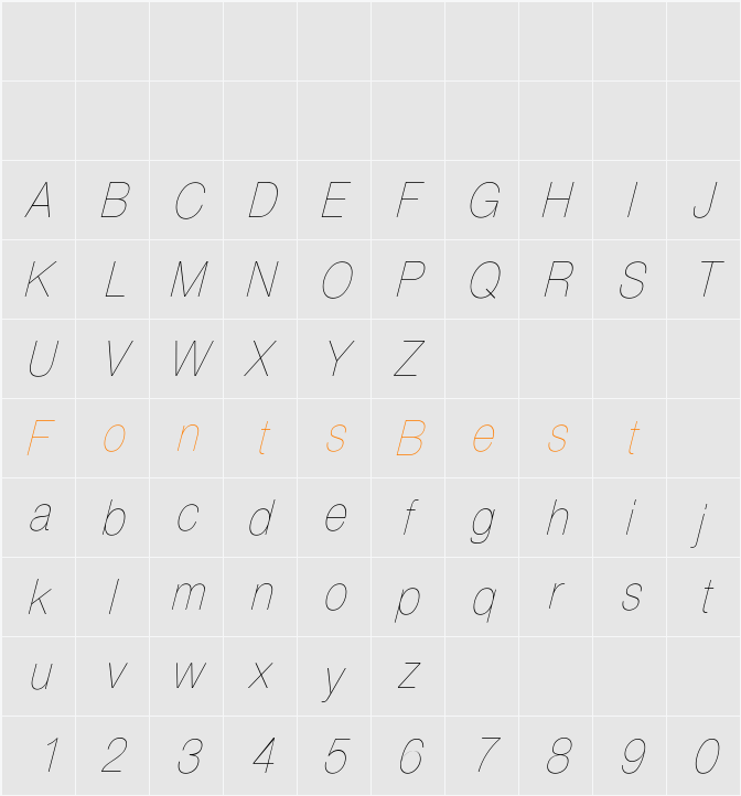 HelveticaCndObl-Thin Character Map