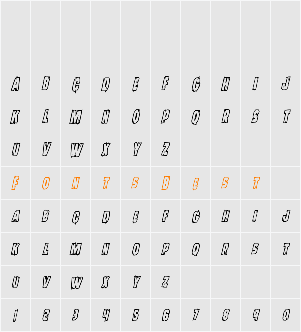 Leatherface Bold Outline Italic Character Map