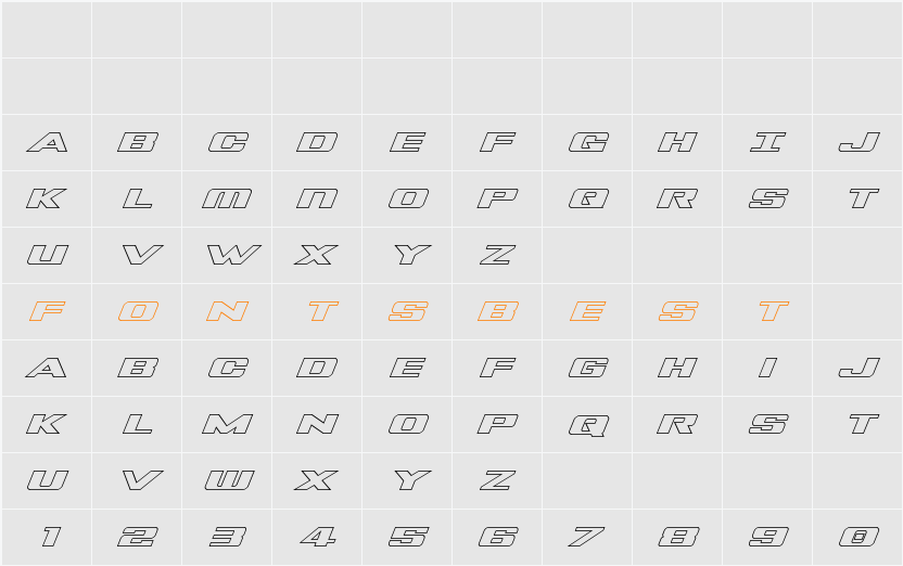 Tigershark Outline Italic Character Map