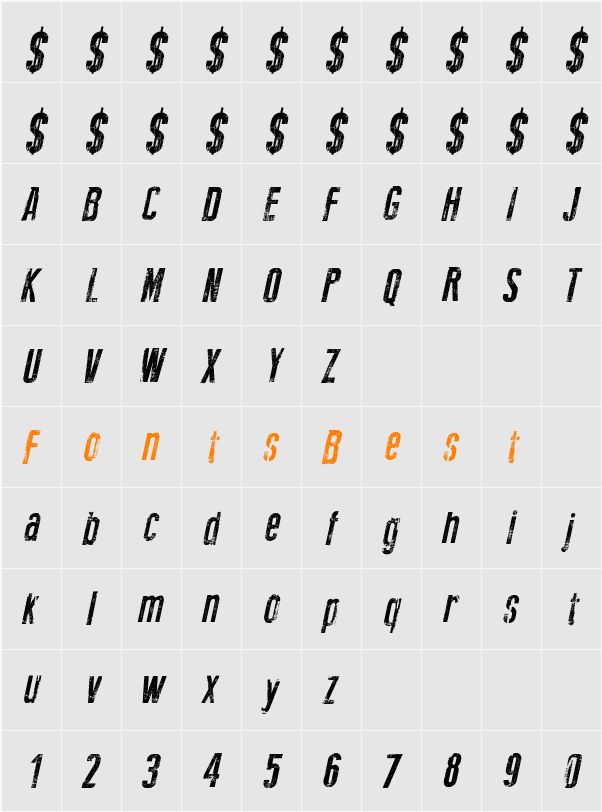 New Press Eroded Italic Character Map