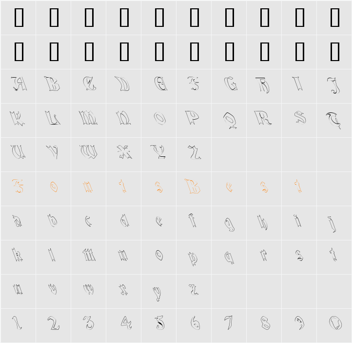 QuaelGothicHollowLeftyCondensed Character Map