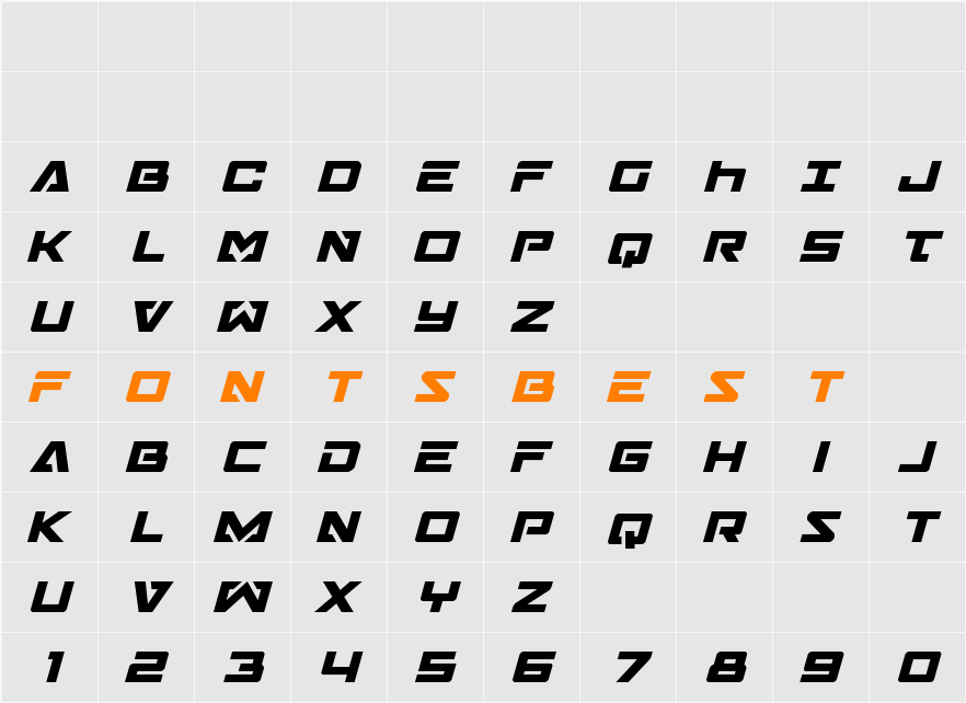 Trans-America Italic Character Map