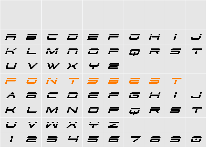 Dodger Laser Italic Character Map