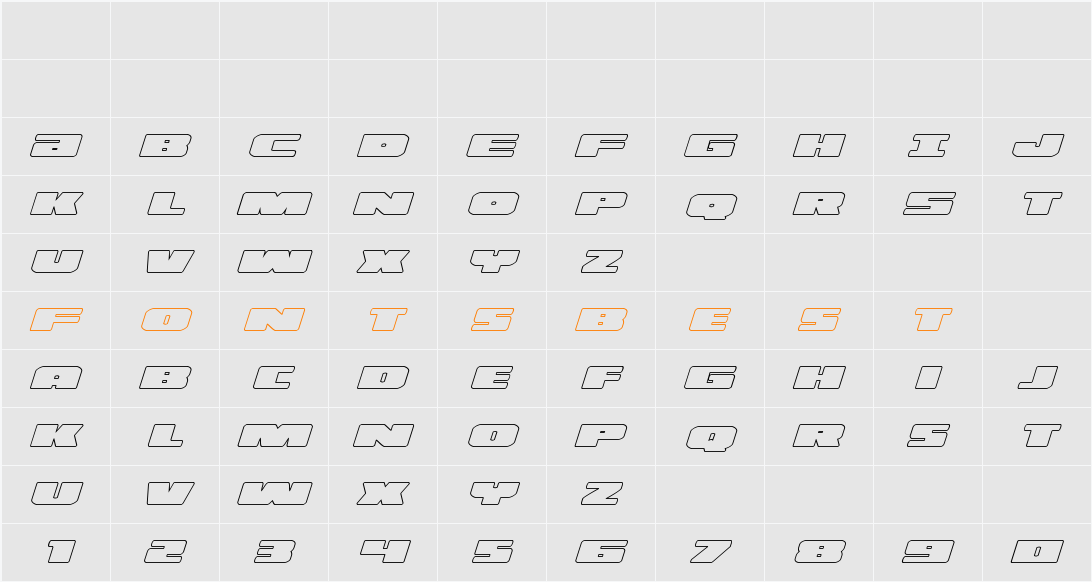 Illumino Outline Italic Character Map