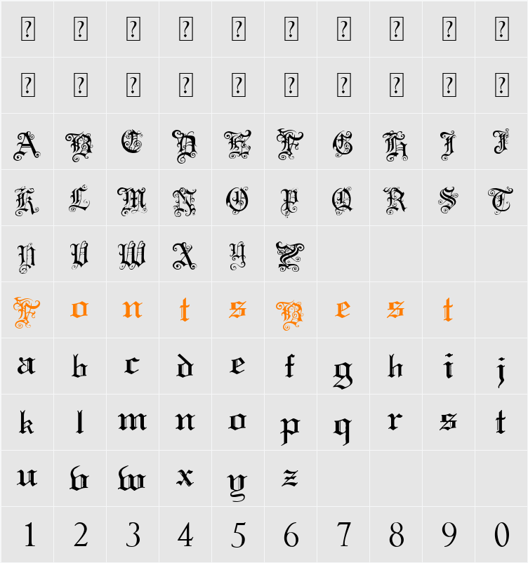 Pauls Swirly Gothic Font Character Map