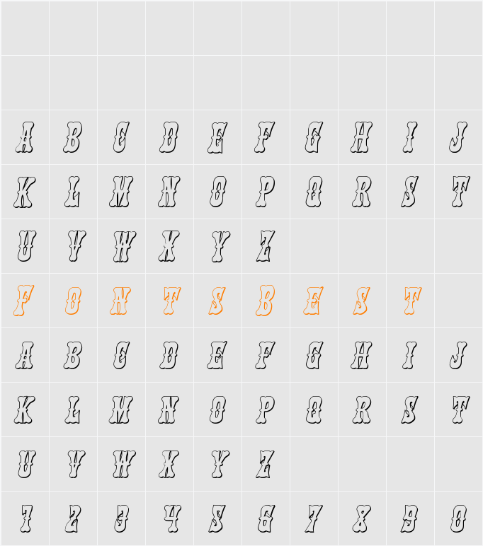 Texas Ranger 3D Italic Character Map