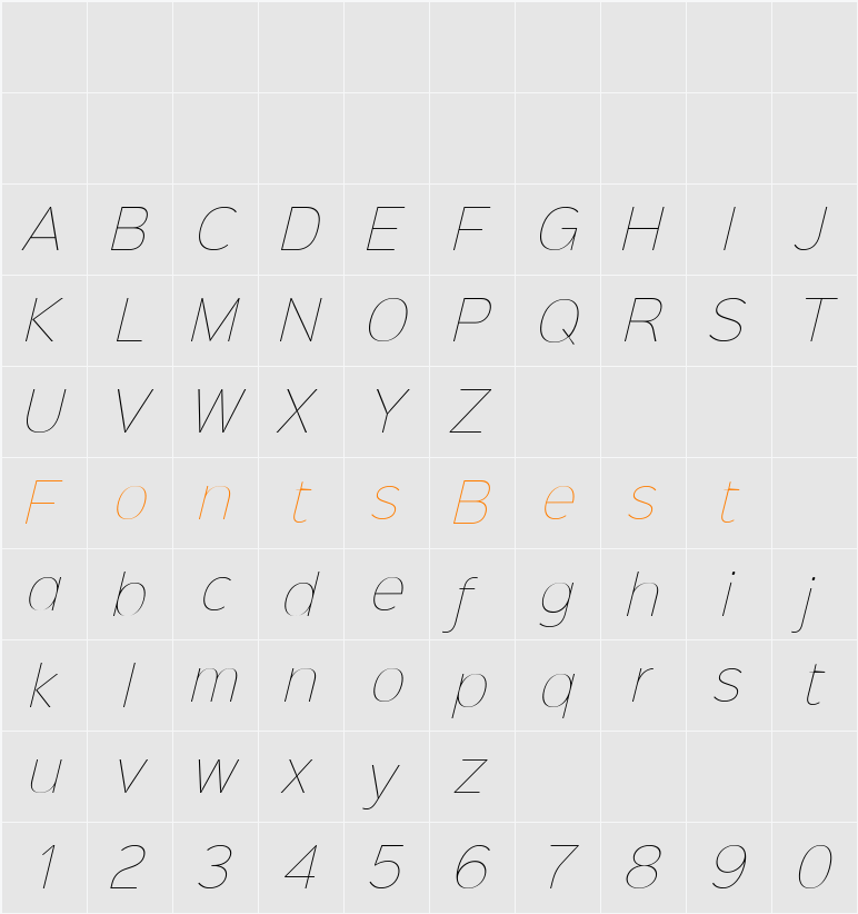 Sinkin Sans 100 Thin Italic Character Map