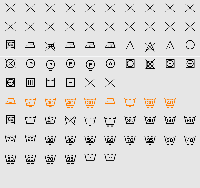 Wash Care Symbols Classic M54 Character Map