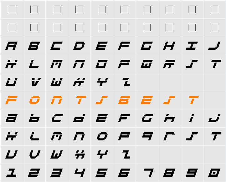 Stuntman Laser Italic Character Map