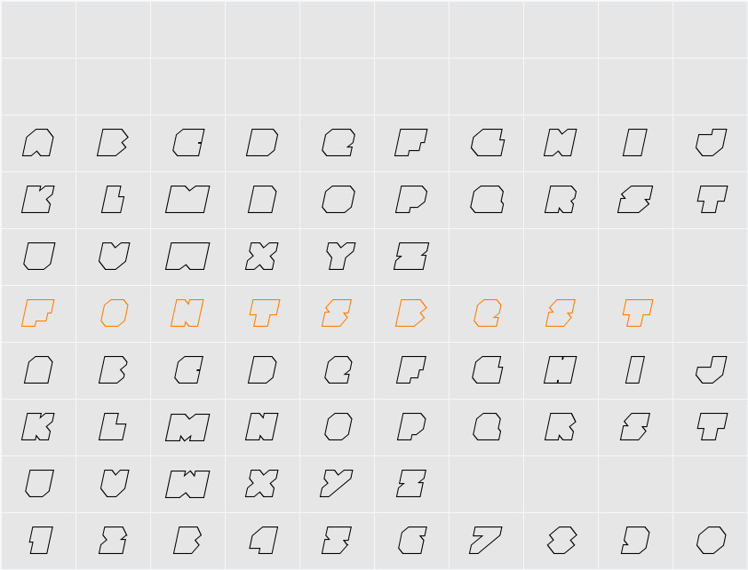 VX Rocket Outline Italic Character Map