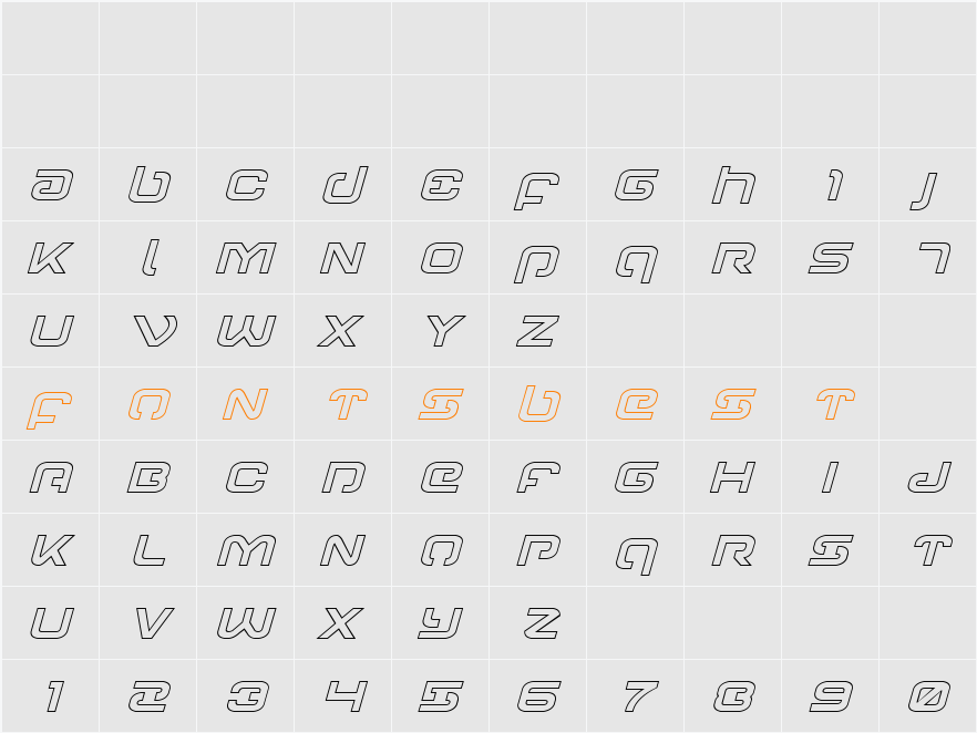 Gunrunner Ouline Italic Character Map