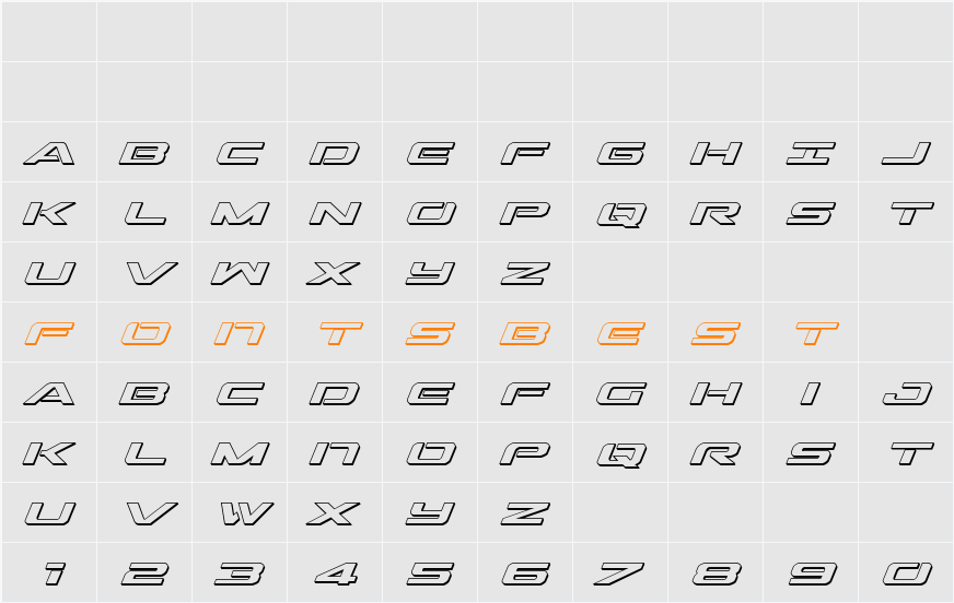 Outrider 3D Italic Character Map