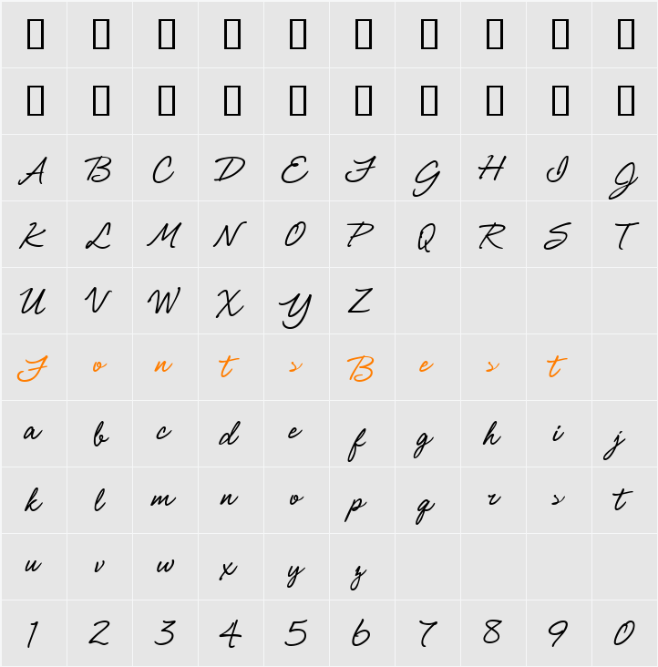 Shimmer Bold Character Map