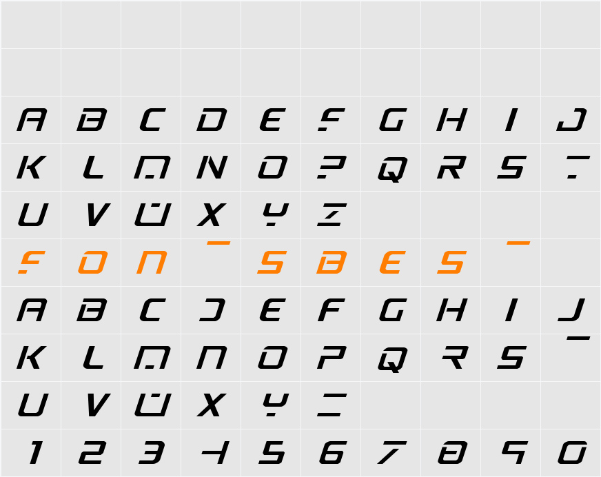 PsYonic VII Expanded Italic Character Map