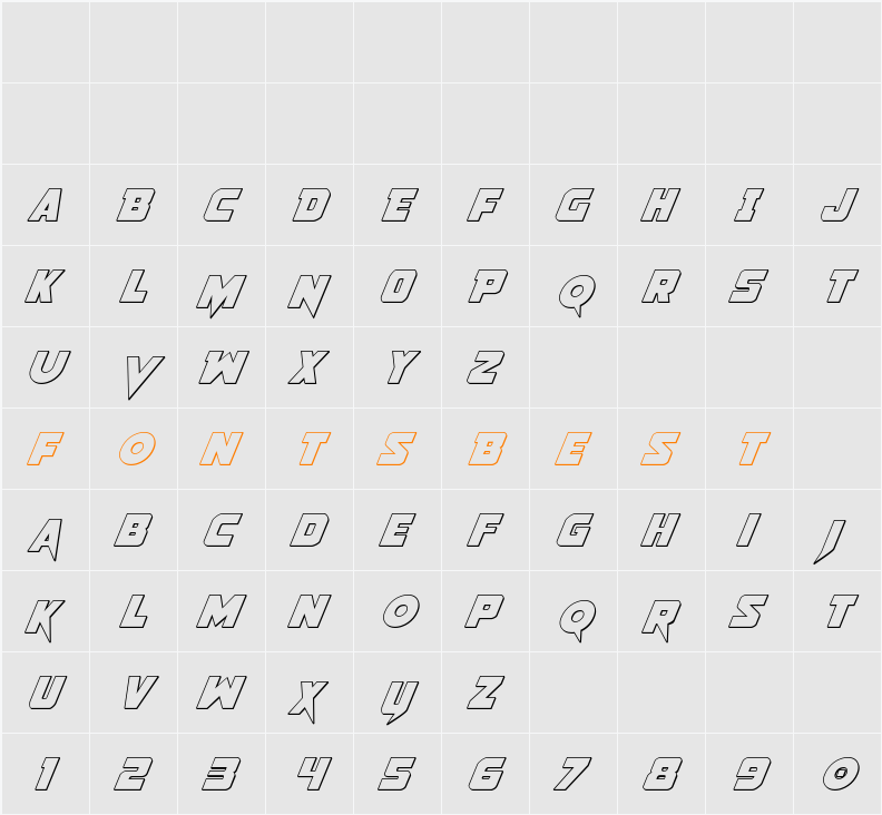 Pistoleer 3D Italic Character Map