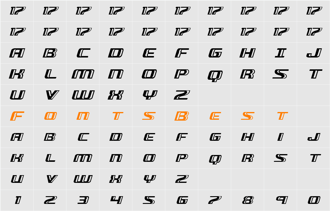 Grease Gun Expanded Italic Character Map
