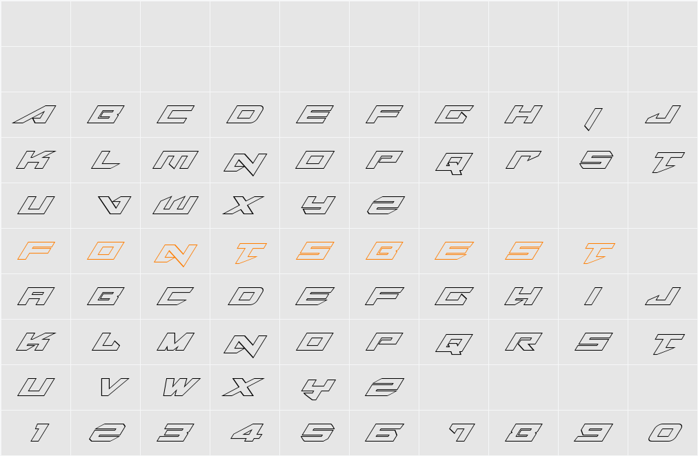 Tarrget Outline Italic Character Map